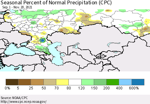 Russian Federation Seasonal Percent of Normal Precipitation (CPC) Thematic Map For 9/1/2021 - 11/20/2021