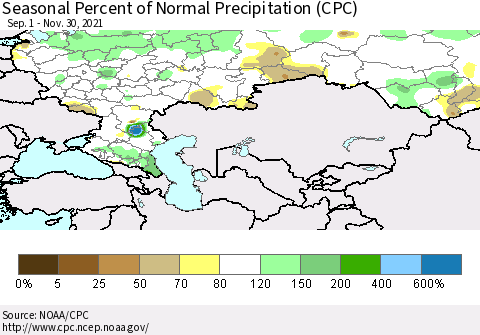 Russian Federation Seasonal Percent of Normal Precipitation (CPC) Thematic Map For 9/1/2021 - 11/30/2021