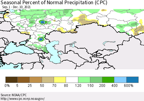 Russian Federation Seasonal Percent of Normal Precipitation (CPC) Thematic Map For 9/1/2021 - 12/10/2021
