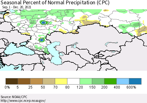 Russian Federation Seasonal Percent of Normal Precipitation (CPC) Thematic Map For 9/1/2021 - 12/20/2021