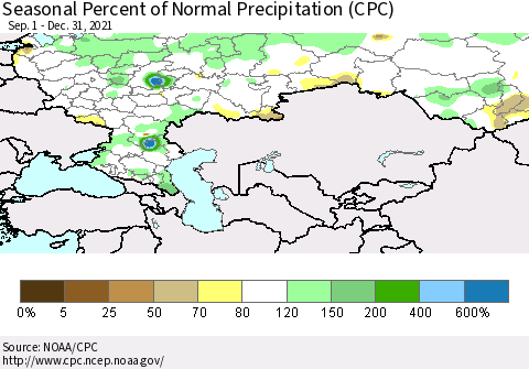 Russian Federation Seasonal Percent of Normal Precipitation (CPC) Thematic Map For 9/1/2021 - 12/31/2021