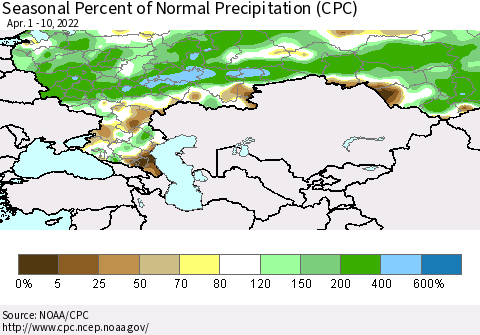 Russian Federation Seasonal Percent of Normal Precipitation (CPC) Thematic Map For 4/1/2022 - 4/10/2022