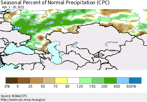 Russian Federation Seasonal Percent of Normal Precipitation (CPC) Thematic Map For 4/1/2022 - 4/20/2022