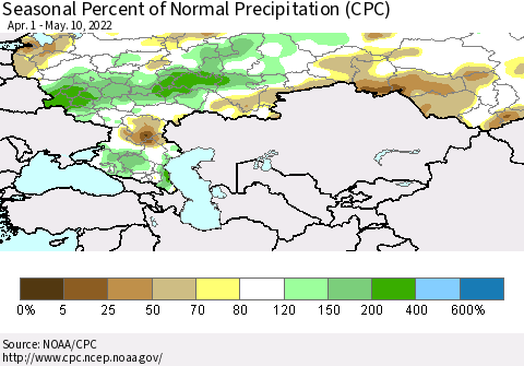 Russian Federation Seasonal Percent of Normal Precipitation (CPC) Thematic Map For 4/1/2022 - 5/10/2022