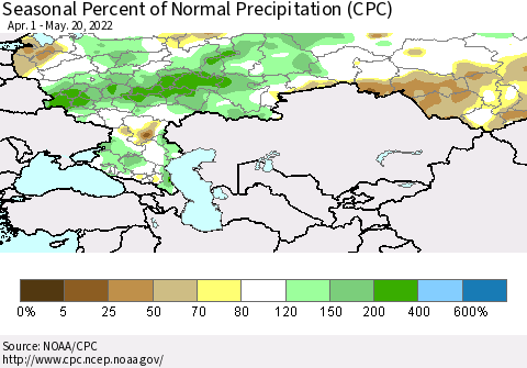 Russian Federation Seasonal Percent of Normal Precipitation (CPC) Thematic Map For 4/1/2022 - 5/20/2022