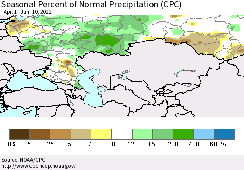 Russian Federation Seasonal Percent of Normal Precipitation (CPC) Thematic Map For 4/1/2022 - 6/10/2022