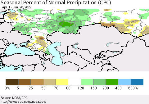 Russian Federation Seasonal Percent of Normal Precipitation (CPC) Thematic Map For 4/1/2022 - 6/20/2022