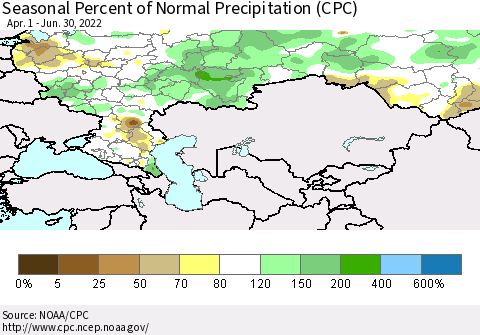 Russian Federation Seasonal Percent of Normal Precipitation (CPC) Thematic Map For 4/1/2022 - 6/30/2022