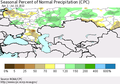 Russian Federation Seasonal Percent of Normal Precipitation (CPC) Thematic Map For 4/1/2022 - 7/10/2022