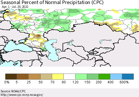 Russian Federation Seasonal Percent of Normal Precipitation (CPC) Thematic Map For 4/1/2022 - 7/20/2022