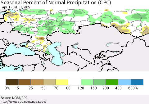 Russian Federation Seasonal Percent of Normal Precipitation (CPC) Thematic Map For 4/1/2022 - 7/31/2022