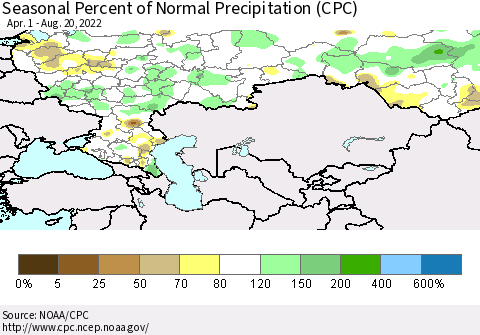 Russian Federation Seasonal Percent of Normal Precipitation (CPC) Thematic Map For 4/1/2022 - 8/20/2022