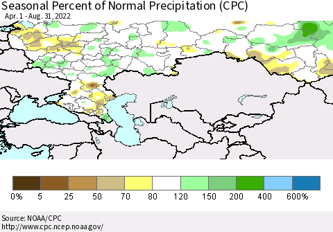 Russian Federation Seasonal Percent of Normal Precipitation (CPC) Thematic Map For 4/1/2022 - 8/31/2022