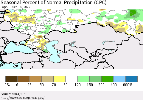 Russian Federation Seasonal Percent of Normal Precipitation (CPC) Thematic Map For 4/1/2022 - 9/10/2022