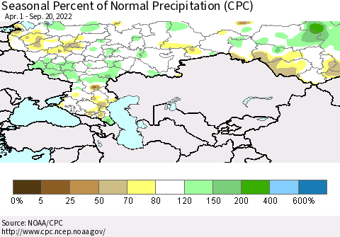 Russian Federation Seasonal Percent of Normal Precipitation (CPC) Thematic Map For 4/1/2022 - 9/20/2022