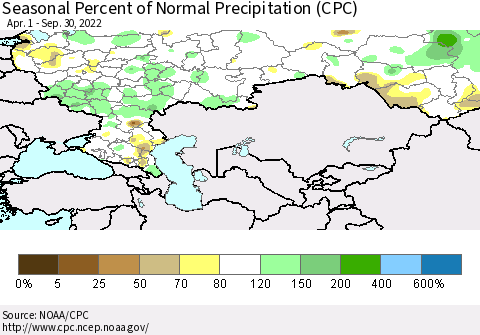 Russian Federation Seasonal Percent of Normal Precipitation (CPC) Thematic Map For 4/1/2022 - 9/30/2022