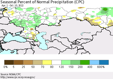 Russian Federation Seasonal Percent of Normal Precipitation (CPC) Thematic Map For 4/1/2022 - 10/10/2022
