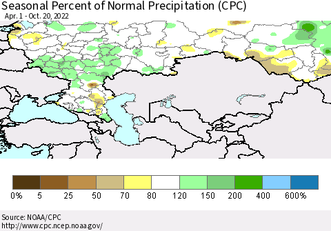 Russian Federation Seasonal Percent of Normal Precipitation (CPC) Thematic Map For 4/1/2022 - 10/20/2022