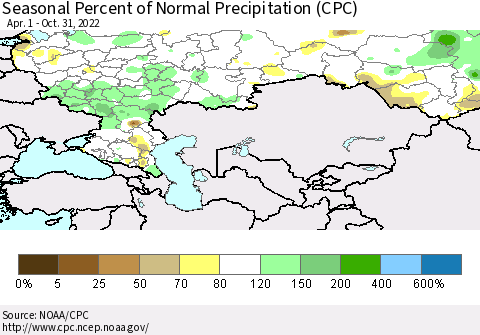 Russian Federation Seasonal Percent of Normal Precipitation (CPC) Thematic Map For 4/1/2022 - 10/31/2022