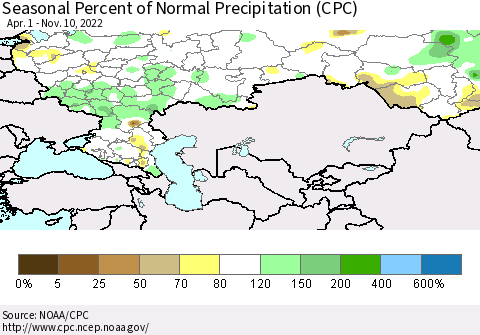 Russian Federation Seasonal Percent of Normal Precipitation (CPC) Thematic Map For 4/1/2022 - 11/10/2022