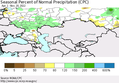 Russian Federation Seasonal Percent of Normal Precipitation (CPC) Thematic Map For 4/1/2022 - 11/20/2022