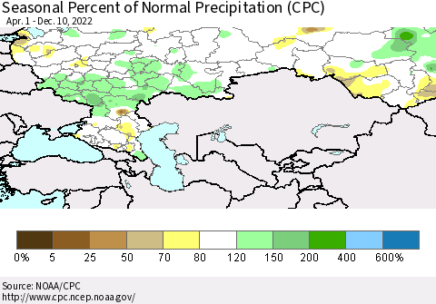 Russian Federation Seasonal Percent of Normal Precipitation (CPC) Thematic Map For 4/1/2022 - 12/10/2022