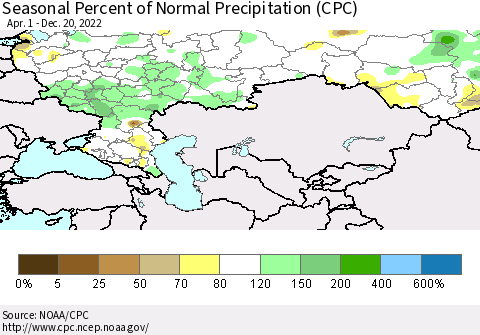 Russian Federation Seasonal Percent of Normal Precipitation (CPC) Thematic Map For 4/1/2022 - 12/20/2022