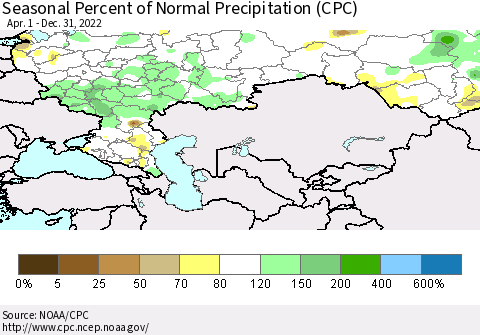Russian Federation Seasonal Percent of Normal Precipitation (CPC) Thematic Map For 4/1/2022 - 12/31/2022