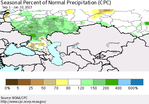Russian Federation Seasonal Percent of Normal Precipitation (CPC) Thematic Map For 9/1/2022 - 1/10/2023