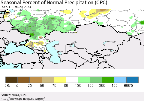 Russian Federation Seasonal Percent of Normal Precipitation (CPC) Thematic Map For 9/1/2022 - 1/20/2023