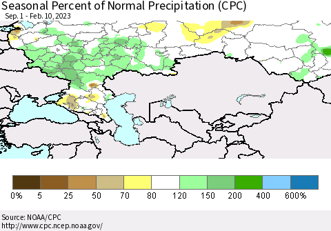 Russian Federation Seasonal Percent of Normal Precipitation (CPC) Thematic Map For 9/1/2022 - 2/10/2023