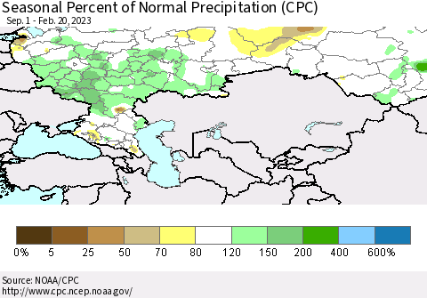 Russian Federation Seasonal Percent of Normal Precipitation (CPC) Thematic Map For 9/1/2022 - 2/20/2023