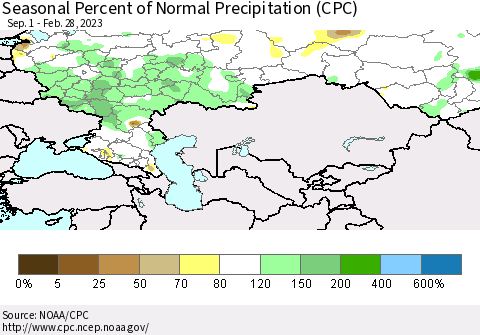 Russian Federation Seasonal Percent of Normal Precipitation (CPC) Thematic Map For 9/1/2022 - 2/28/2023