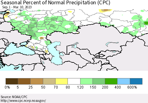 Russian Federation Seasonal Percent of Normal Precipitation (CPC) Thematic Map For 9/1/2022 - 3/10/2023