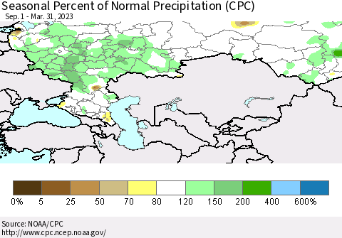 Russian Federation Seasonal Percent of Normal Precipitation (CPC) Thematic Map For 9/1/2022 - 3/31/2023