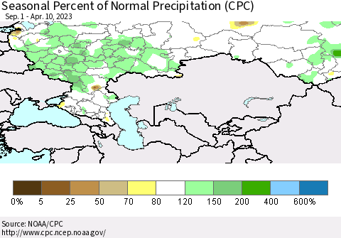 Russian Federation Seasonal Percent of Normal Precipitation (CPC) Thematic Map For 9/1/2022 - 4/10/2023