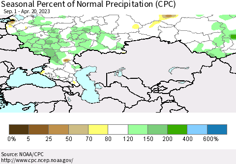 Russian Federation Seasonal Percent of Normal Precipitation (CPC) Thematic Map For 9/1/2022 - 4/20/2023