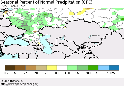 Russian Federation Seasonal Percent of Normal Precipitation (CPC) Thematic Map For 9/1/2022 - 4/30/2023