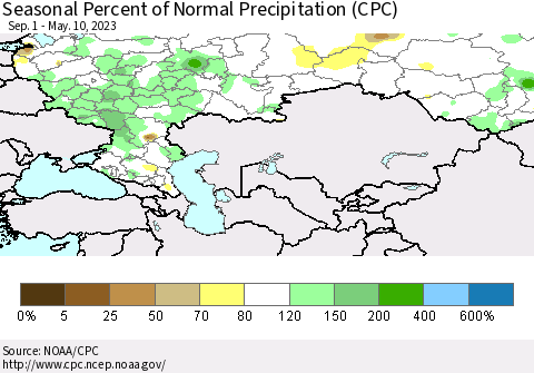 Russian Federation Seasonal Percent of Normal Precipitation (CPC) Thematic Map For 9/1/2022 - 5/10/2023