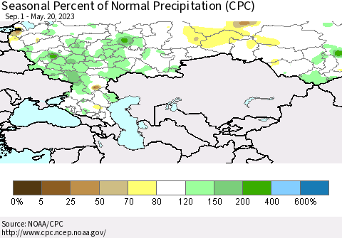 Russian Federation Seasonal Percent of Normal Precipitation (CPC) Thematic Map For 9/1/2022 - 5/20/2023
