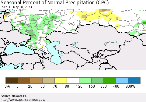 Russian Federation Seasonal Percent of Normal Precipitation (CPC) Thematic Map For 9/1/2022 - 5/31/2023