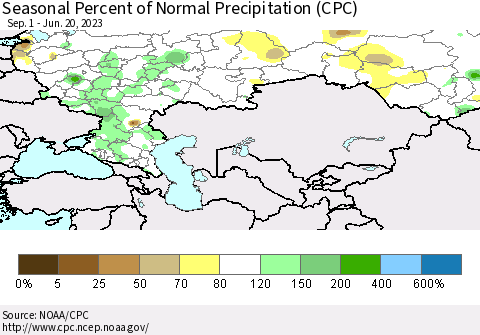 Russian Federation Seasonal Percent of Normal Precipitation (CPC) Thematic Map For 9/1/2022 - 6/20/2023