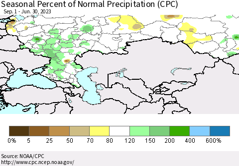 Russian Federation Seasonal Percent of Normal Precipitation (CPC) Thematic Map For 9/1/2022 - 6/30/2023