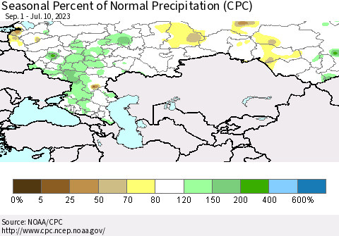 Russian Federation Seasonal Percent of Normal Precipitation (CPC) Thematic Map For 9/1/2022 - 7/10/2023