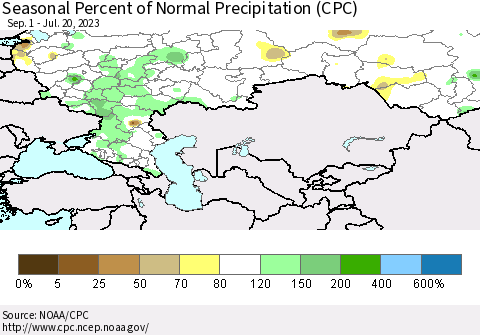 Russian Federation Seasonal Percent of Normal Precipitation (CPC) Thematic Map For 9/1/2022 - 7/20/2023