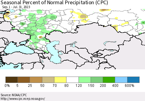 Russian Federation Seasonal Percent of Normal Precipitation (CPC) Thematic Map For 9/1/2022 - 7/31/2023