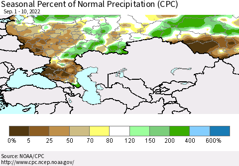 Russian Federation Seasonal Percent of Normal Precipitation (CPC) Thematic Map For 9/1/2022 - 9/10/2022