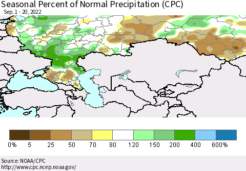 Russian Federation Seasonal Percent of Normal Precipitation (CPC) Thematic Map For 9/1/2022 - 9/20/2022