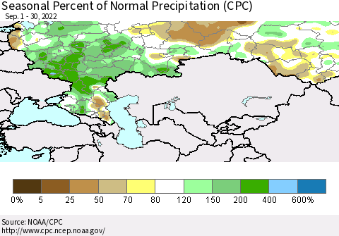 Russian Federation Seasonal Percent of Normal Precipitation (CPC) Thematic Map For 9/1/2022 - 9/30/2022