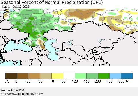 Russian Federation Seasonal Percent of Normal Precipitation (CPC) Thematic Map For 9/1/2022 - 10/10/2022